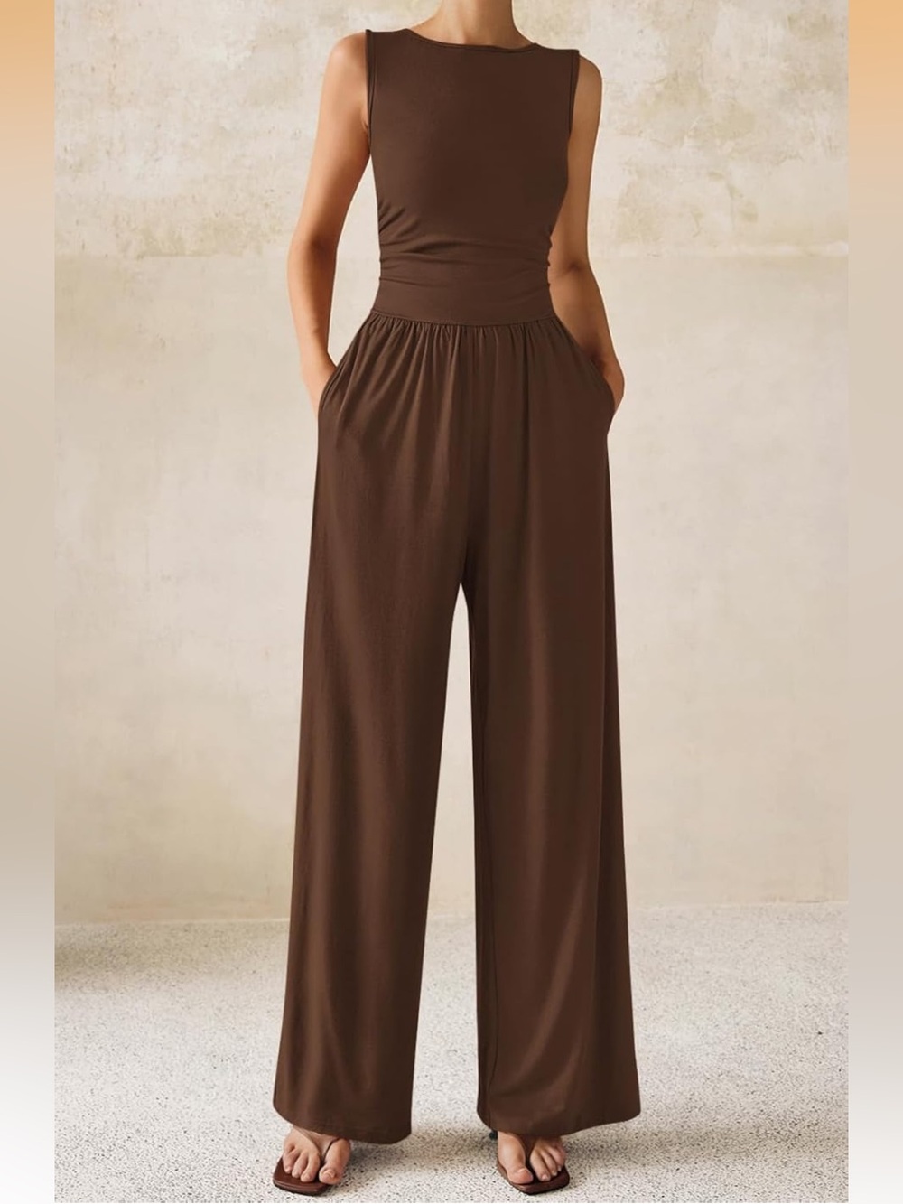 PrettyGarden Brown Sleeveless Wide-Leg Jumpsuit